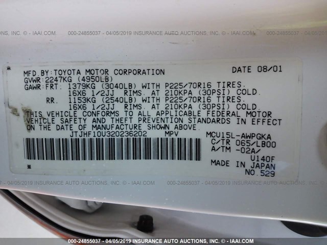 JTJHF10U320236202 - 2002 LEXUS RX 300 WHITE photo 9