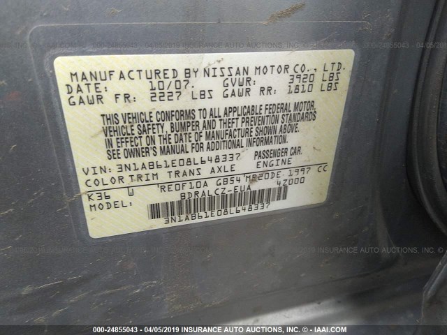 3N1AB61E08L648337 - 2008 NISSAN SENTRA 2.0/2.0S/2.0SL GRAY photo 9