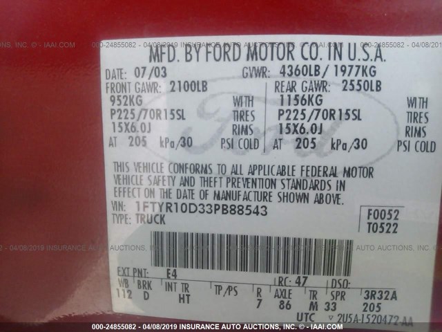 1FTYR10D33PB88543 - 2003 FORD RANGER RED photo 9