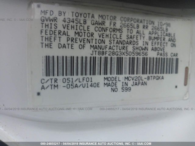 JT8BF28G3X5059656 - 1999 LEXUS ES 300 WHITE photo 9