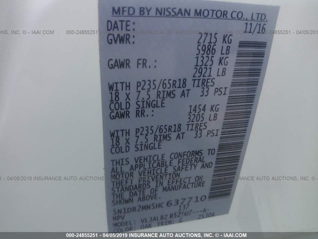 5N1DR2MN5HC637710 - 2017 NISSAN PATHFINDER S/SV/SL/PLATINUM WHITE photo 9