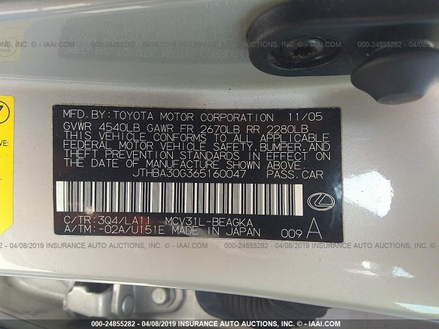 JTHBA30G365160047 - 2006 LEXUS ES 330 SILVER photo 9