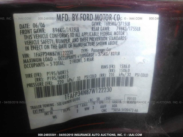 1FAFP34N87W122230 - 2007 FORD FOCUS ZX4/S/SE/SES MAROON photo 9