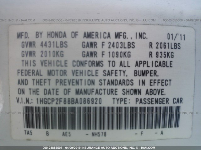 1HGCP2F88BA086920 - 2011 HONDA ACCORD EXL WHITE photo 9