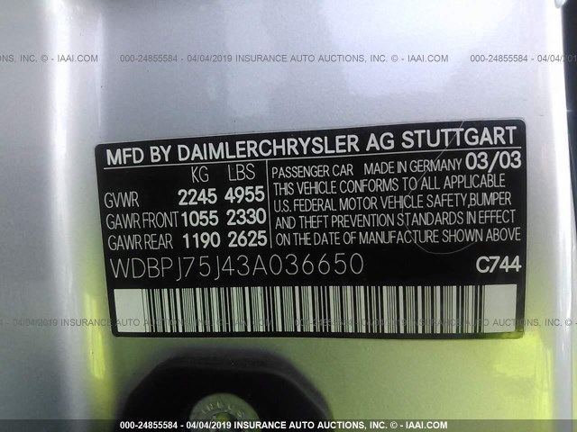 WDBPJ75J43A036650 - 2003 MERCEDES-BENZ CL 500 SILVER photo 9