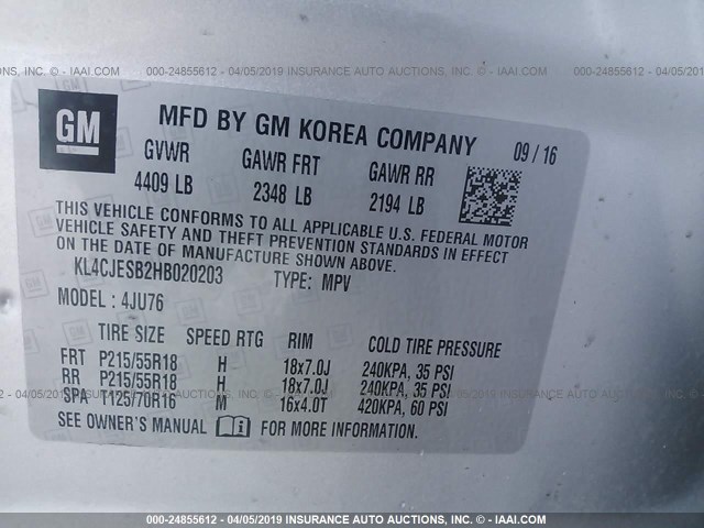 KL4CJESB2HB020203 - 2017 BUICK ENCORE PREFERRED SILVER photo 9