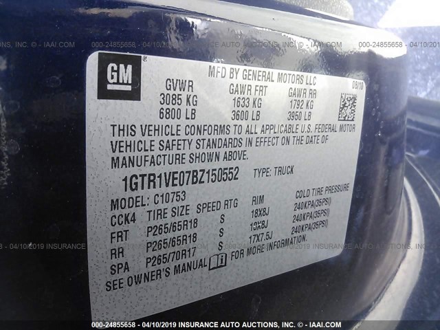 1GTR1VE07BZ150552 - 2011 GMC SIERRA C1500 SLE BLUE photo 9