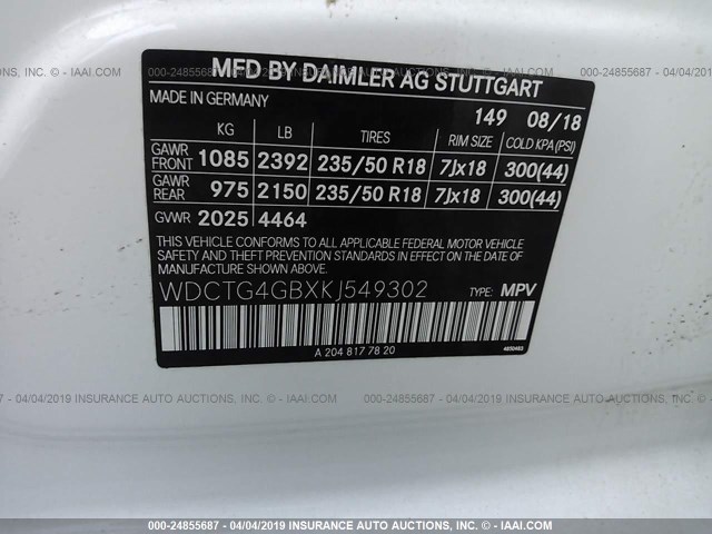 WDCTG4GBXKJ549302 - 2019 MERCEDES-BENZ GLA 250 4MATIC WHITE photo 9