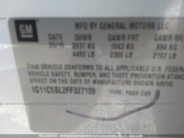 1G11C5SL2FF327109 - 2015 CHEVROLET MALIBU 1LT 白色 照片 9