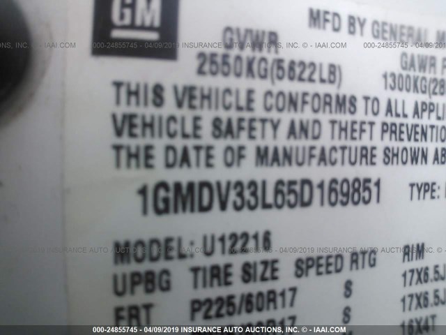 1GMDV33L65D169851 - 2005 PONTIAC MONTANA SV6 WHITE photo 9