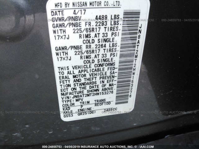 JN8AT2MT2HW153276 - 2017 NISSAN ROGUE S/SL/SV GRAY photo 9