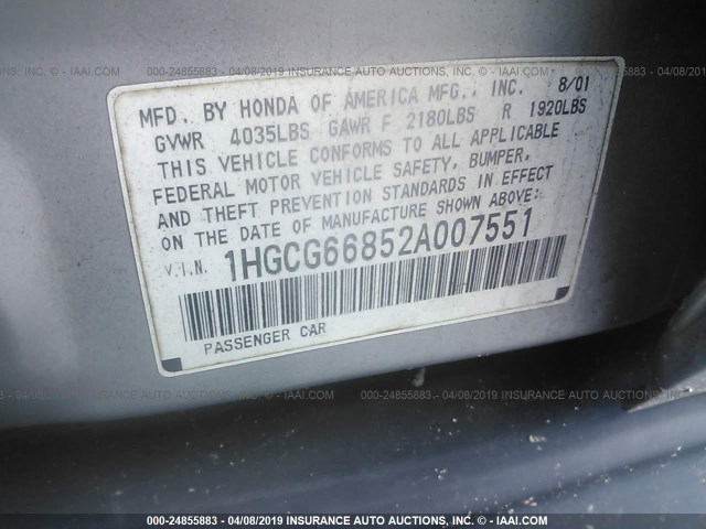 1HGCG66852A007551 - 2002 HONDA ACCORD EX/SE SILVER photo 9