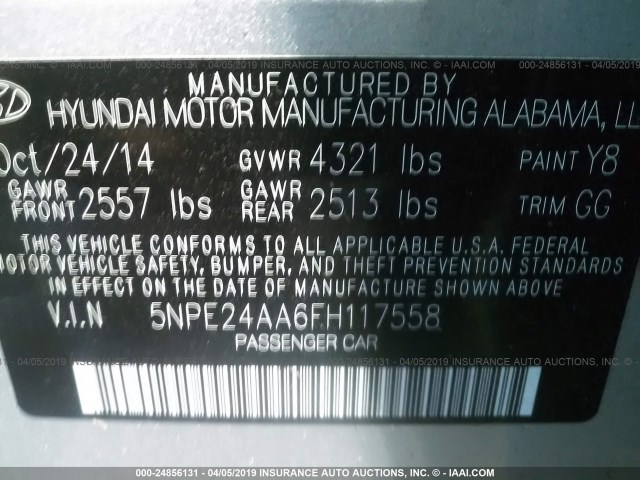 5NPE24AA6FH117558 - 2015 HYUNDAI SONATA ECO SILVER photo 9