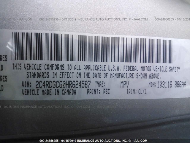 2C4RDGCG0HR624587 - 2017 DODGE GRAND CARAVAN SXT GRAY photo 9