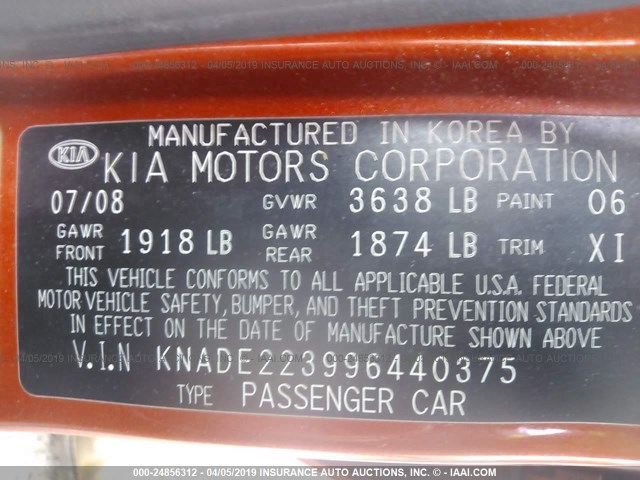 KNADE223996440375 - 2009 KIA RIO LX/SX ORANGE photo 9