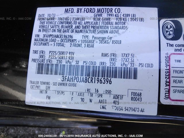 3FAHP0JA8CR196396 - 2012 FORD FUSION SEL BLACK photo 9