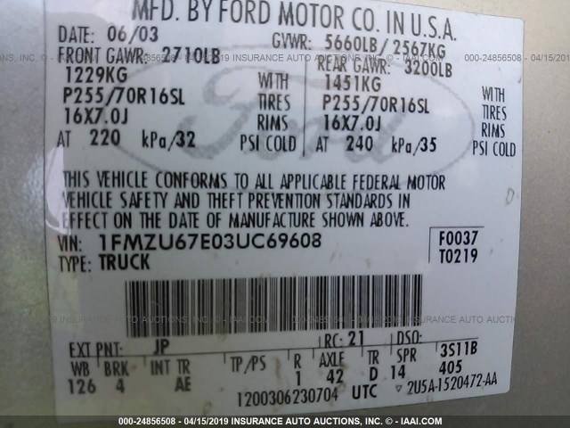 1FMZU67E03UC69608 - 2003 FORD EXPLORER SPORT TR  GRAY photo 9