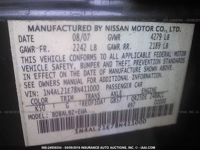 1N4AL21E78N411000 - 2008 NISSAN ALTIMA 2.5/2.5S GRAY photo 9