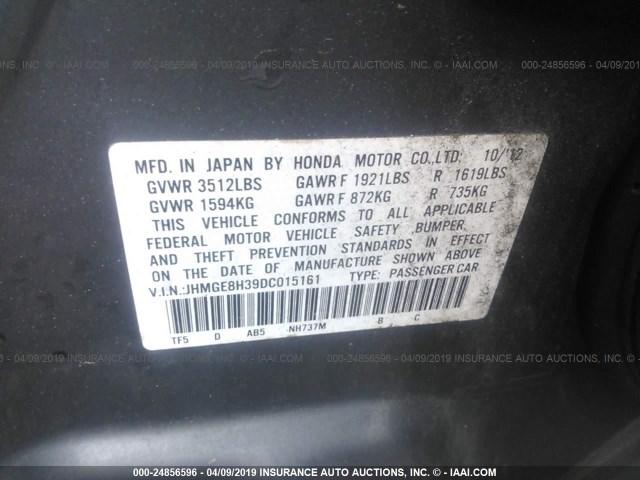 JHMGE8H39DC015161 - 2013 HONDA FIT GRAY photo 9