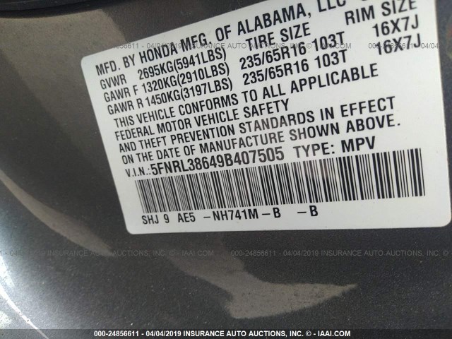 5FNRL38649B407505 - 2009 HONDA ODYSSEY EXL GRAY photo 9