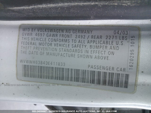 WVWWH63B43E411833 - 2003 VOLKSWAGEN PASSAT GLX ვერცხლისფერი ფოტო 9