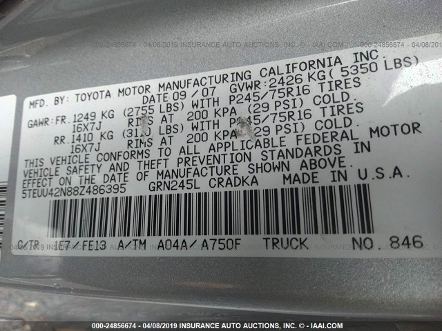 5TEUU42N88Z486395 - 2008 TOYOTA TACOMA ACCESS CAB ვერცხლისფერი ფოტო 9
