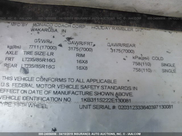 1KB311S222E130081 - 2002 HOLIDAY RAMBLER PRESIDENTIAL FIFTH WHEEL  Unknown photo 10