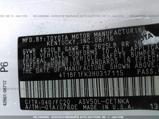 4T1BF1FK3HU317115 - 2017 TOYOTA CAMRY LE/XLE/SE/XSE 白色 照片 9