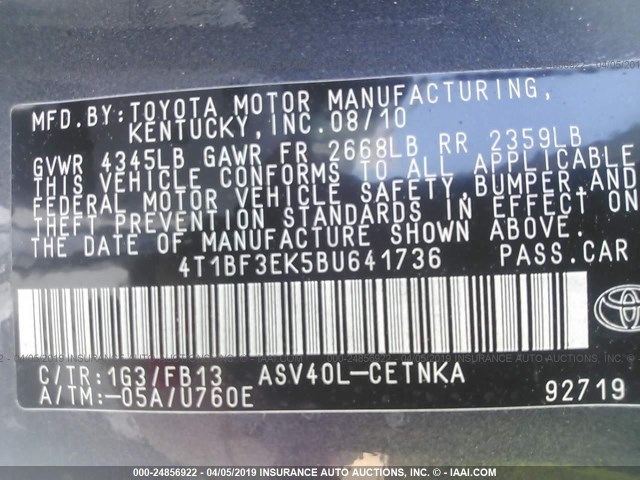 4T1BF3EK5BU641736 - 2011 TOYOTA CAMRY SE/LE/XLE GRAY photo 9