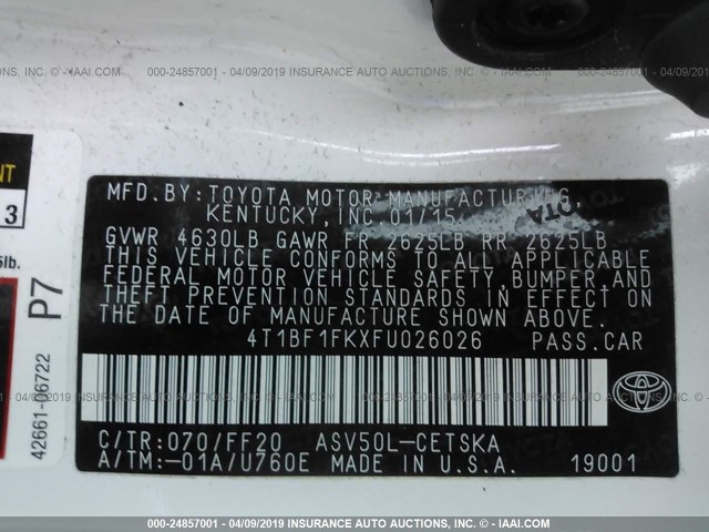 4T1BF1FKXFU026026 - 2015 TOYOTA CAMRY LE/XLE/SE/XSE WHITE photo 9