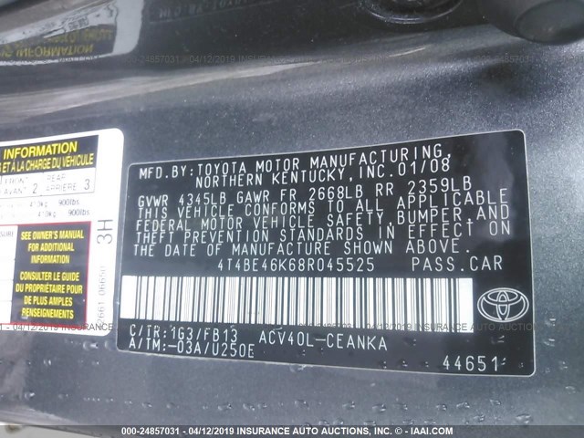 4T4BE46K68R045525 - 2008 TOYOTA CAMRY CE/LE/XLE/SE GRAY photo 9