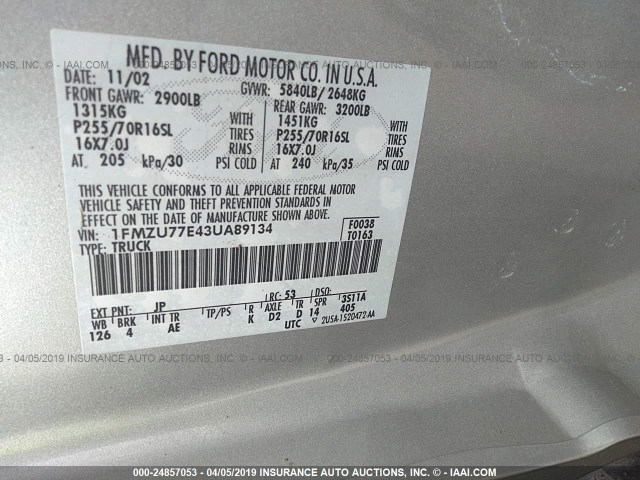 1FMZU77E43UA89134 - 2003 FORD EXPLORER SPORT TR  SILVER photo 9