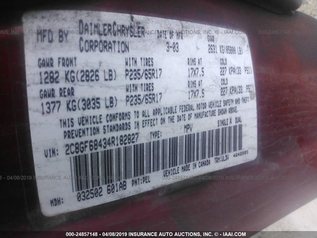 2C8GF68434R182827 - 2004 CHRYSLER PACIFICA RED photo 9