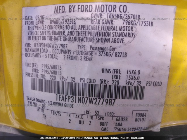 1FAFP31N07W277987 - 2007 FORD FOCUS ZX3/S/SE/SES YELLOW photo 9
