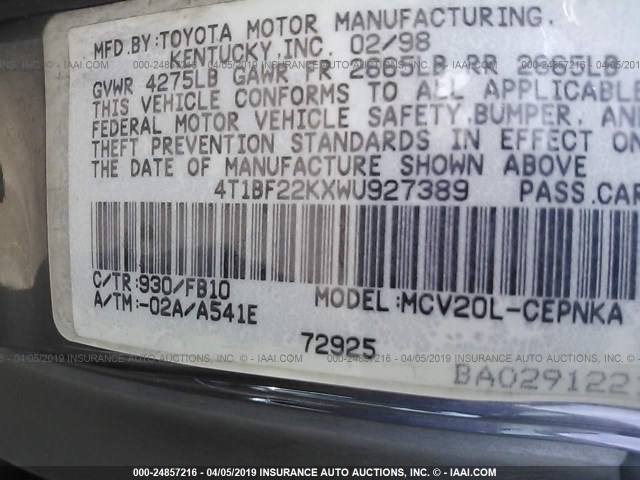 4T1BF22KXWU927389 - 1998 TOYOTA CAMRY CE/LE/XLE GRAY photo 9