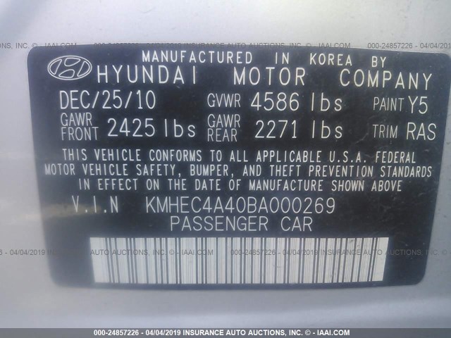 KMHEC4A40BA000269 - 2011 HYUNDAI SONATA HYBRID SILVER photo 9