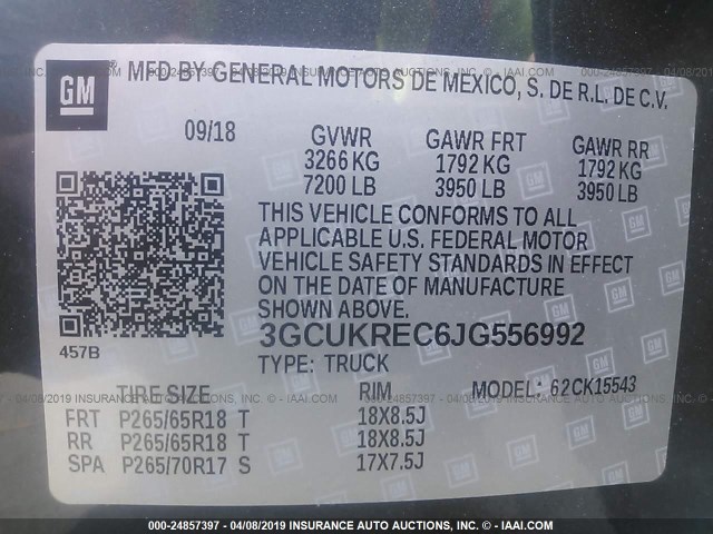 3GCUKREC6JG556992 - 2018 CHEVROLET SILVERADO K1500 LT GRAY photo 9