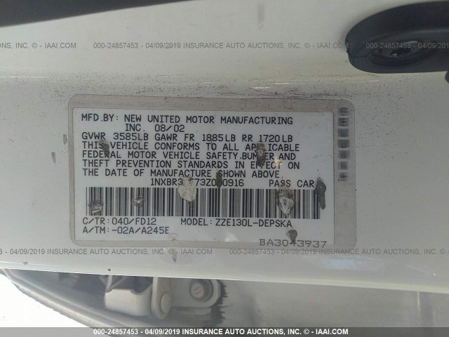 1NXBR32E73Z080916 - 2003 TOYOTA COROLLA CE/LE/S WHITE photo 9