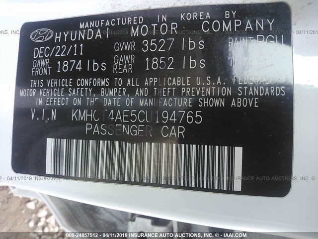 KMHCT4AE5CU194765 - 2012 HYUNDAI ACCENT GLS/GS WHITE photo 9