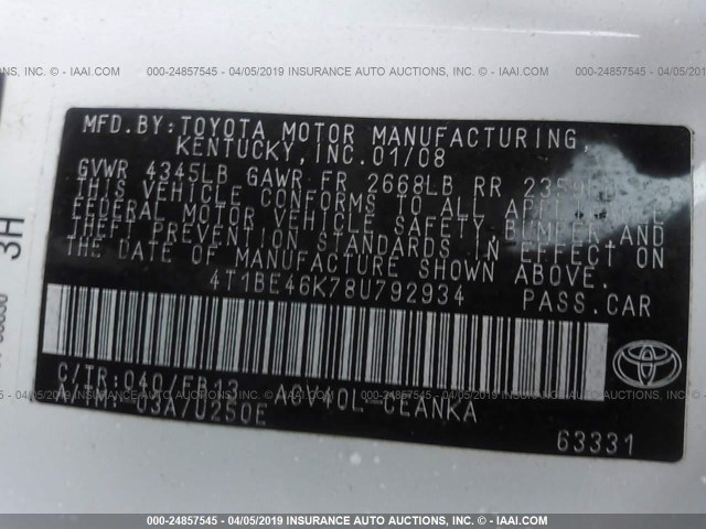 4T1BE46K78U792934 - 2008 TOYOTA CAMRY CE/LE/XLE/SE WHITE photo 9