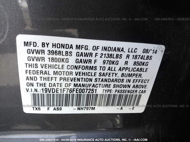 19VDE1F76FE007251 - 2015 ACURA ILX 20 TECH GRAY photo 9