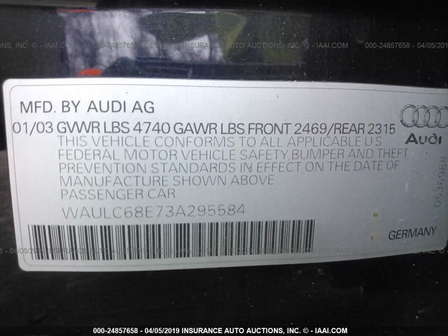 WAULC68E73A295584 - 2003 AUDI A4 1.8T QUATTRO BLUE photo 9