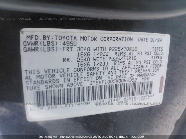 JT6HF10U5X0062392 - 1999 LEXUS RX 300 BLACK photo 9