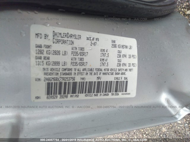 2A8GM68X27R253756 - 2007 CHRYSLER PACIFICA TOURING SILVER photo 9