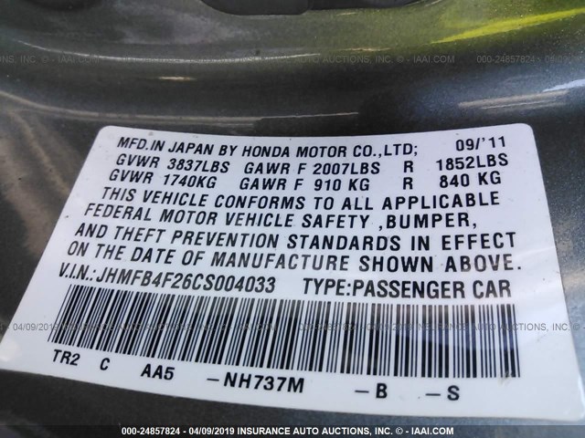 JHMFB4F26CS004033 - 2012 HONDA CIVIC HYBRID GRAY photo 9