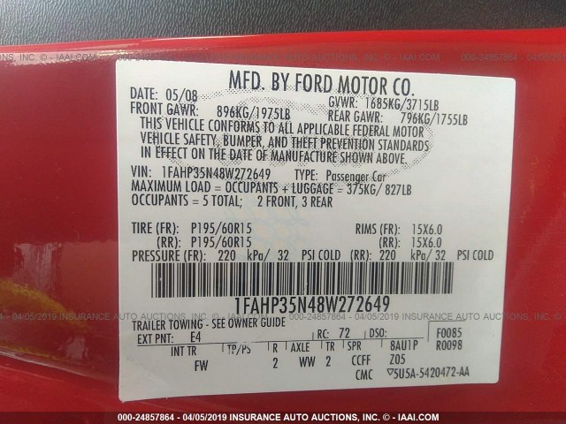 1FAHP35N48W272649 - 2008 FORD FOCUS SE/SEL/SES RED photo 9