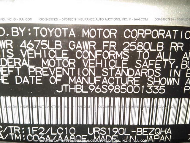 JTHBL96S985001335 - 2008 LEXUS GS 460 SILVER photo 9