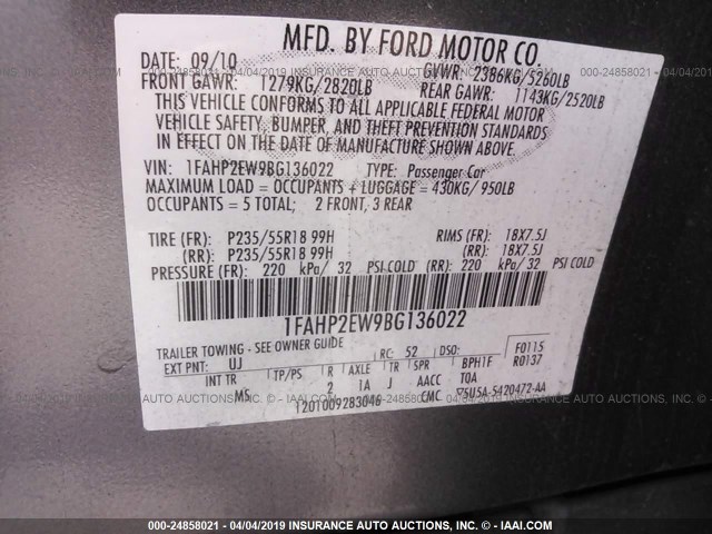 1FAHP2EW9BG136022 - 2011 FORD TAURUS SEL BLUE photo 9