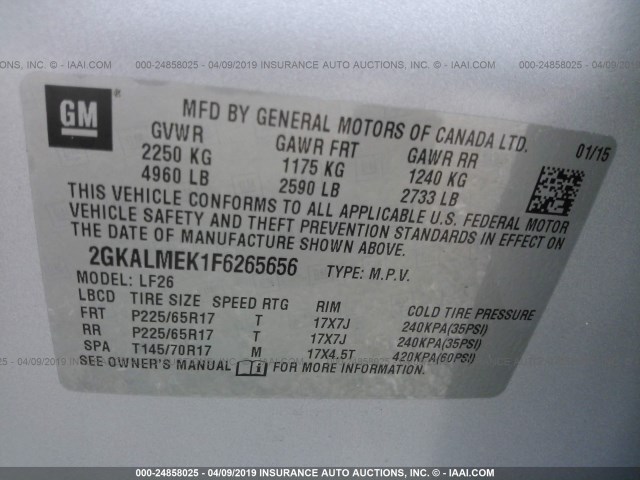 2GKALMEK1F6265656 - 2015 GMC TERRAIN SLE SILVER photo 9