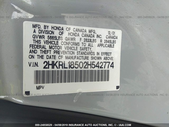 2HKRL18502H542774 - 2002 HONDA ODYSSEY LX SILVER photo 9